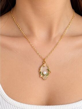 Gold Pearl Floral Wreath Pendant Necklace with Green Enamel